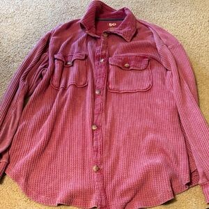 SO Ribbed Waffle Knit Button-Up Shirt in Raspberry Pink